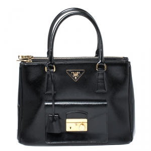 Pre Owned Prada Black Saffiano Patent Leather Medium Front Pocket Double Zip Lux Tote 