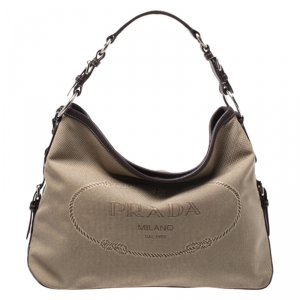 Pre Owned Prada Beige/Brown Canvas and Leather Jacquard Logo Hobo