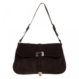 Pre Owned Prada Dark Brown Suede Scamosciato Flap Shoulder Bag