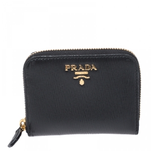 Pre Owned Prada Black Vitello Move Leather Portamonete Small Wallet  