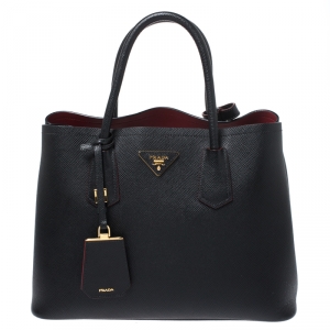 Pre Owned Prada Black Saffiano Cuir Leather Medium Double Handle Tote