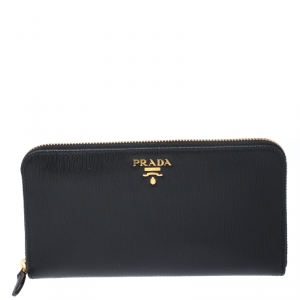 Pre Owned Prada Black Vitello Move Patent Leather Zip Around Wallet