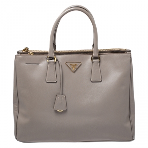 Pre Owned Prada Grey Saffiano Lux Leather Large Galleria Double Zip Tote