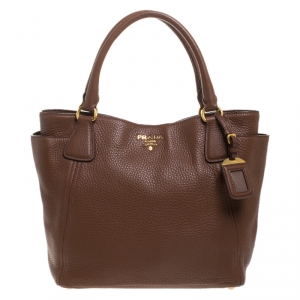 Pre Owned Prada Brown Vitello Daino Leather Side Pocket Tote