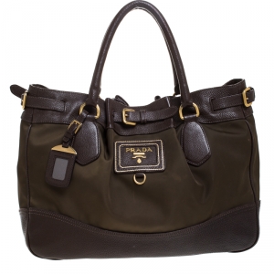 Pre Owned Prada Brown/Green Nylon and Leather Buckle Tote