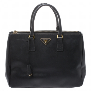 Pre Owned Prada Black Saffiano Lux Leather Medium Galleria Double Zip Tote