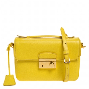 Pre Owned Prada Yellow Saffiano Leather Mini Sound Top Handle Bag