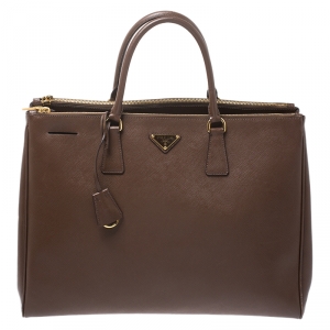 Pre Owned Prada Brown Saffiano Lux Leather Executive Double Zip Tote