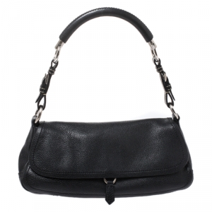 Pre Owned Prada Black Pebbled Leather Small Baguette Bag