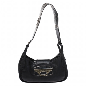 Pre Owned Prada Black Leather with Exotic Embossed Trim Small Shoulder Bag