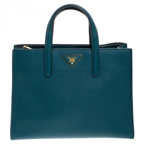 Pre Owned Prada Petroleum Green Saffiano Leather Triple Pocket Convertible Tote