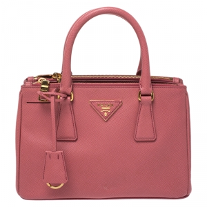 Pre Owned Prada Pink Saffiano Lux Leather Mini Double Zip Tote