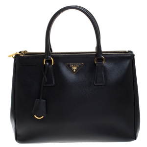 Pre Owned Prada Black Saffiano Lux Leather Medium Galleria Double Zip Tote
