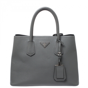 Pre Owned Prada Grey Saffiano Cuir Leather Medium Double Handle Tote