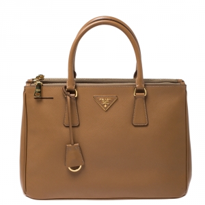 Pre Owned Prada Tan Saffiano Lux Leather Medium Galleria Double Zip Tote