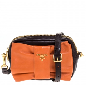 Pre Owned Prada Brown/Orange Leather Nappa Bow Zipper Crossbody Bag