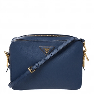 Pre Owned Prada Blue Leather Medium Camera Double Zip Crossbody Bag