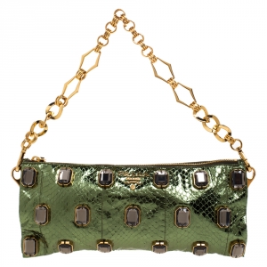 Pre Owned Prada Metallic Green Python Jewel Embellished Shoulder Bag