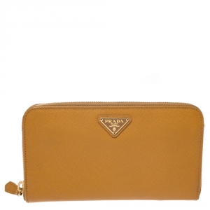Pre Owned Prada Mustard Yellow Saffiano Lux Leather Zip Around Wallet