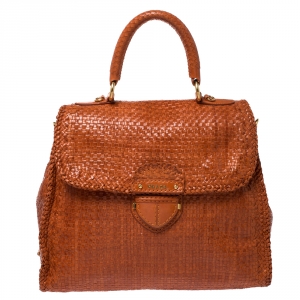 Pre Owned Prada Orange Woven Goatskin Leather Madras Top Handle Bag