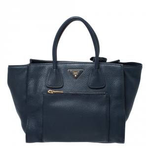 Pre Owned Prada Blue Vitello Daino Leather Front Pocket Convertible Tote