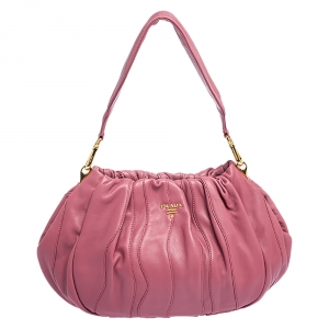 Pre Owned Prada Pink Gathered Leather Hobo Bag