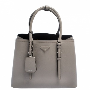 Pre Owned Prada Grey Saffiano Cuir Leather Medium Double Handle Tote