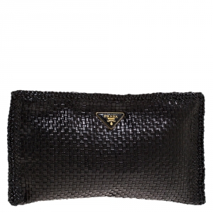 Pre Owned Prada Black Woven Leather Madras Clutch