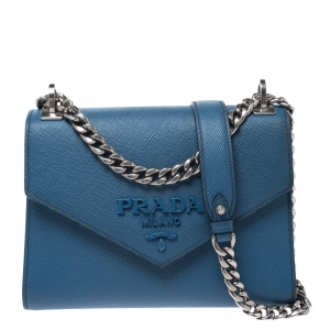 Pre Owned Prada Blue Saffiano Leather Flap Shoulder Bag