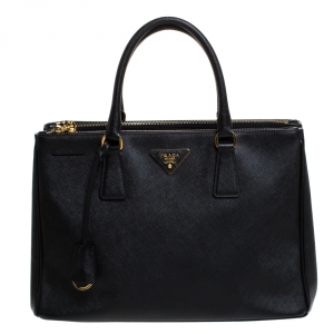 Pre Owned Prada Black Saffiano Lux Leather Large Double Zip Tote