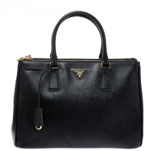 Pre Owned Prada Black Saffiano Lux Leather Medium Double Zip Tote