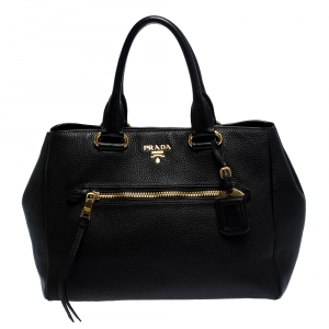 Pre Owned Prada Black Vitello Daino Leather Front Zip Tote