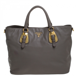 Pre Owned Prada Dark Grey Soft Leather Shopper Tote