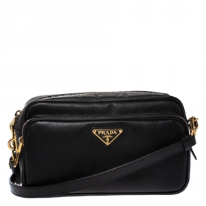 Pre Owned Prada Black Leather Double Zip Camera Bag