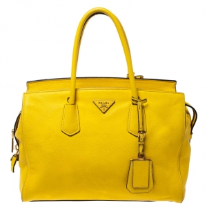 Pre Owned Prada Yellow Grained Leather Tote