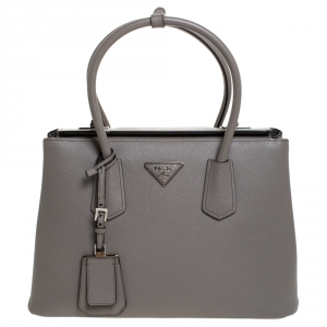 Pre Owned Prada Grey Saffiano Leather Small Turnlock Twin Tote