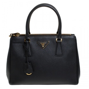 Pre Owned Prada Black Saffiano Lux Leather  Double Zip Tote