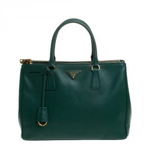 Pre Owned Prada Green Saffiano Lux Leather Medium Galleria Double Zip Tote