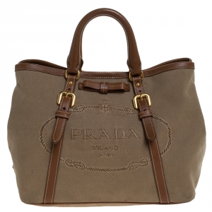 Pre Owned Prada Olive Green/Tan Logo Jacquard Fabric and Leather Tote