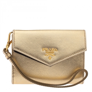 Pre Owned Prada Metallic Gold Saffiano Lux Leather Wristlet Compact Wallet
