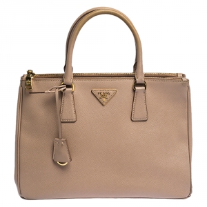 Pre Owned Prada Nude Saffiano Lux Leather Medium Double Zip Tote