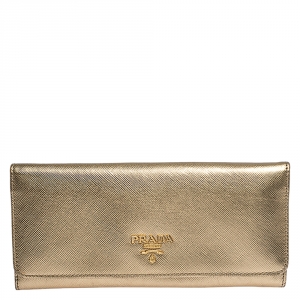 Pre Owned Prada Metallic Gold Saffiano Lux Leather Continental Wallet