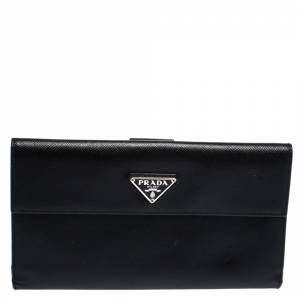 Pre Owned Prada Black Saffiano Lux Leather Continental Wallet