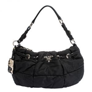 Pre Owned Prada Black Pleated Nylon Buckle Hobo