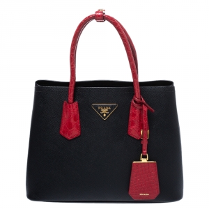 Pre Owned Prada Black/Red Saffiano Cuir and Crocodile Small Double Handle Tote
