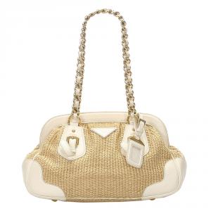 Pre Owned Prada Brown Raffia And Leather Frame Shoulder Bag