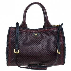 Pre Owned Prada Black Maroon Woven Leather Madras Tote