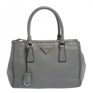 Pre Owned Prada Grey Stitched City Leather Double Zip Tote