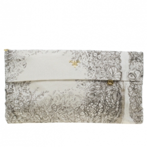 Pre Owned Prada Beige Flower Print Fabric Zip Clutch