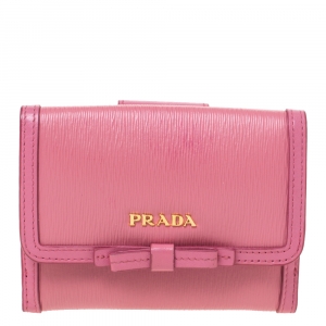 Pre Owned Prada Pink Leather Bow Trifold Wallet